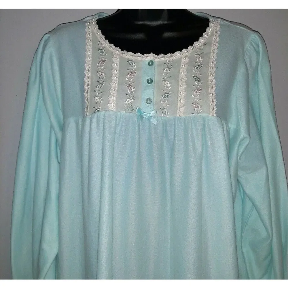 Vtg Flannel Lace Trim Long Sleeve Nightgown L Fundamentals Light Blue Polyester
